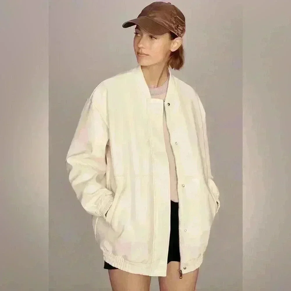 Maeve by Anthropologie ivory women's Oversized Faux Leather Bomber Jacket size L